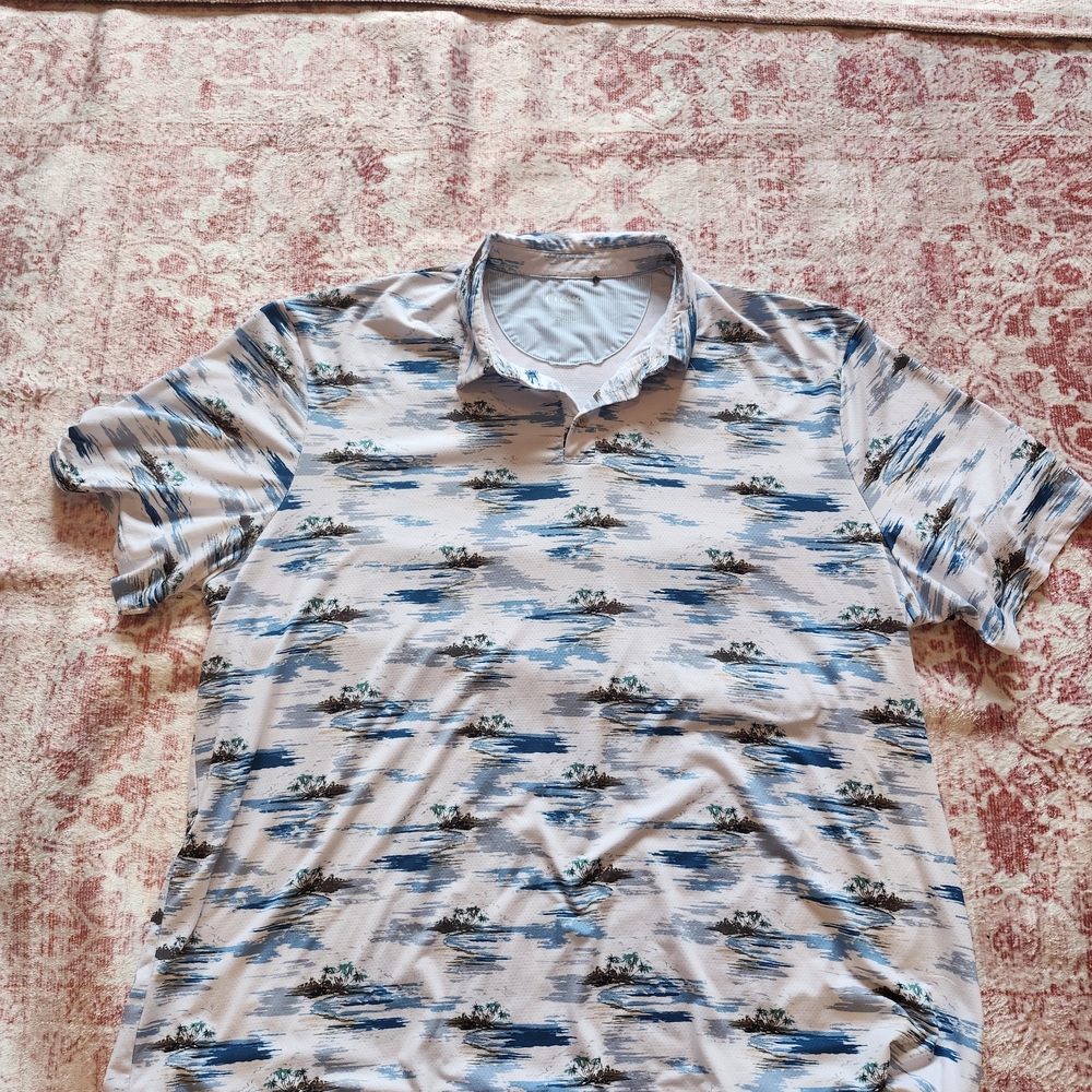 Chaps White Polo with Blue & Gray Scenic Stripes
